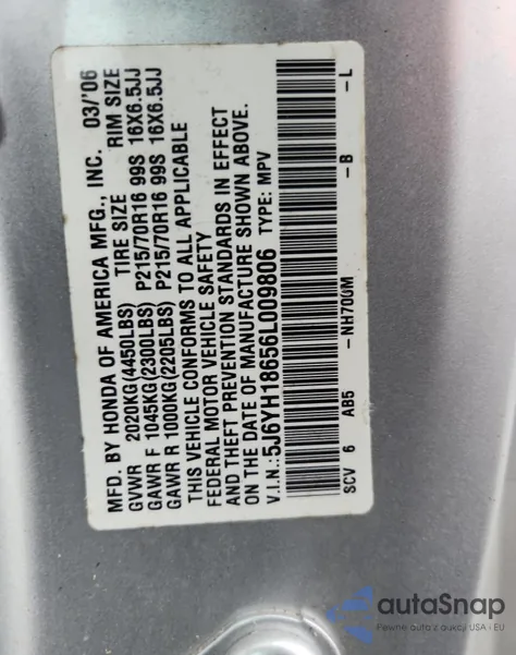 2006 Honda Element Ex из США, поврежденный, VIN 5J6YH18656L009806